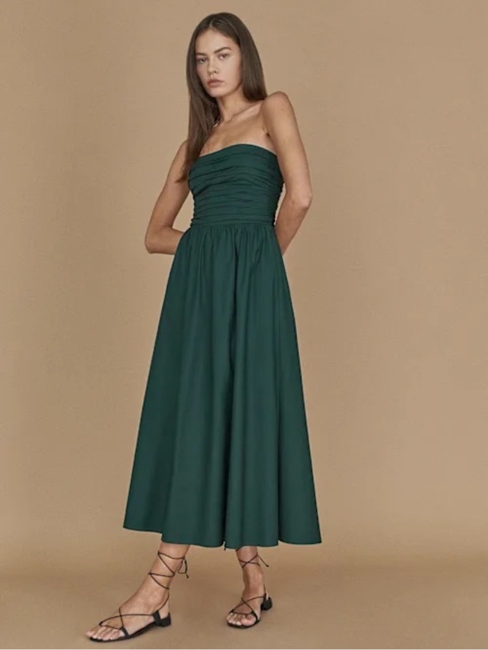 Reformation Strapless Ruched Midi Dress in Dark Green